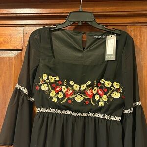 NWT!  Long sheer skirt, built in slip. Embroidered bodice. Elegant, Fun & Edgy.